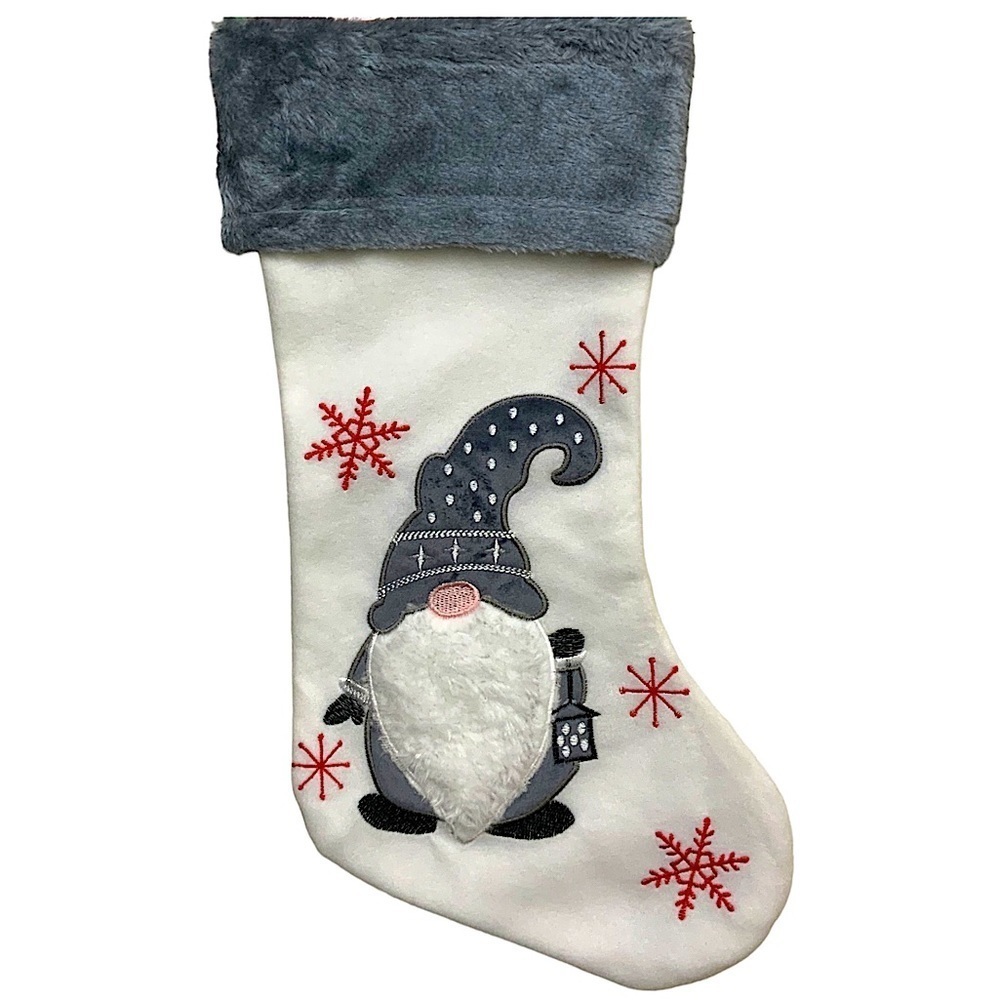 Gnome Christmas Stocking Embroidery Embellishments 17 inches White Grey